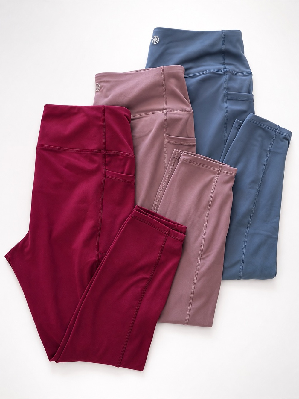 GAIAM High Rise Pocket Capri Leggings Bundle of 3 Size Large Blue Mauve Burgundy